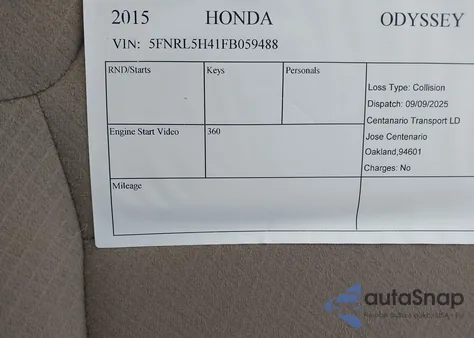 2015 Honda Odyssey Ex z USA, uszkodzony, nr VIN 5FNRL5H41FB059488